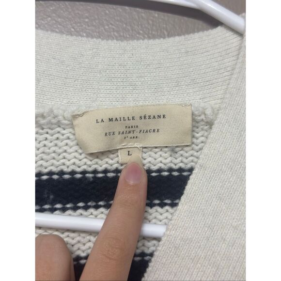 La Maille Sézane Blue & White Striped Fishermancore Nautical Button Up Cardigan - Picture 5 of 11